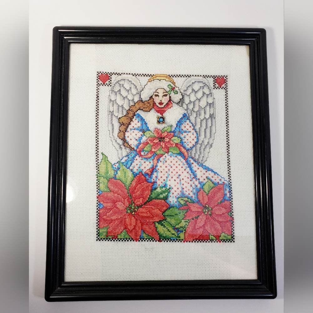 Framed Angel Cross-Stitch Art with Red Poinsettia